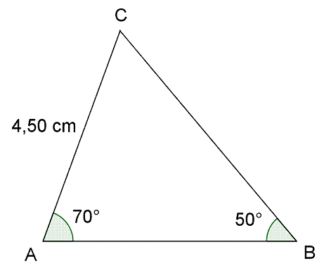 Figuren viser en trekant ABC med vinkel A=70 grader, vinkel B=50 grader og siden  AC=4,50 cm.